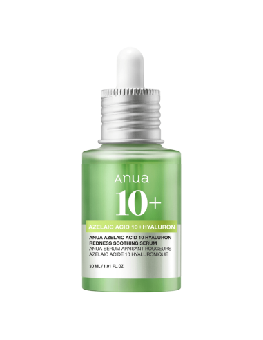Anua Azelaic Acid 10 Hyaluron Redness Soothing Serum i en grön glasflaska med pipett visas framifrån mot vit bakgrund.
