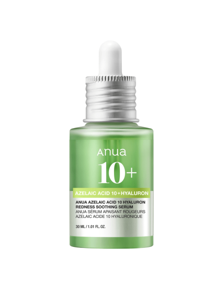 Anua Azelaic Acid 10 Hyaluron Redness Soothing Serum i en grön glasflaska med pipett visas framifrån mot vit bakgrund.