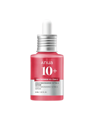 Anua Niacinamide 10% + TXA 4% serum i röd glasflaska med pipett, produkt framifrån på vit bakgrund