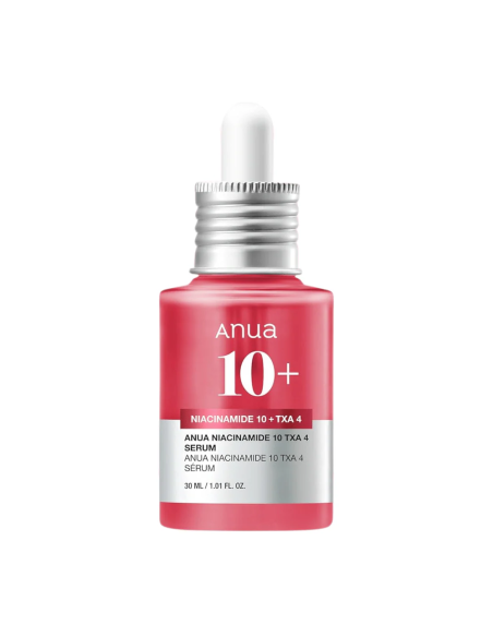 Anua Niacinamide 10% + TXA 4% serum i röd glasflaska med pipett, produkt framifrån på vit bakgrund