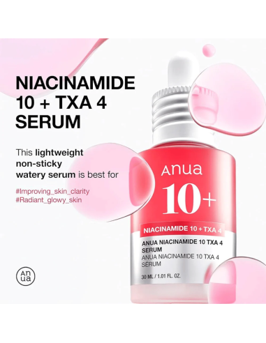 Anua Niacinamide 10% + TXA 4% serum med grafik som visar lätt vattenbaserad konsistens och glow effekt