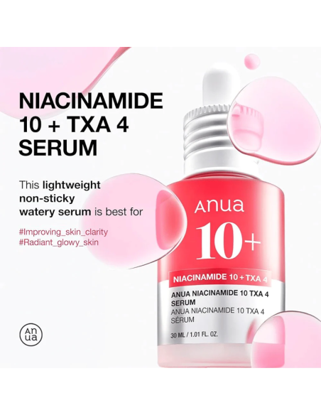 Anua Niacinamide 10% + TXA 4% serum med grafik som visar lätt vattenbaserad konsistens och glow effekt