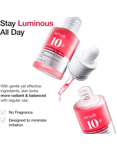 Anua Niacinamide 10% + TXA 4% serum med pipett och droppar som visar applicering och lystergivande effekt