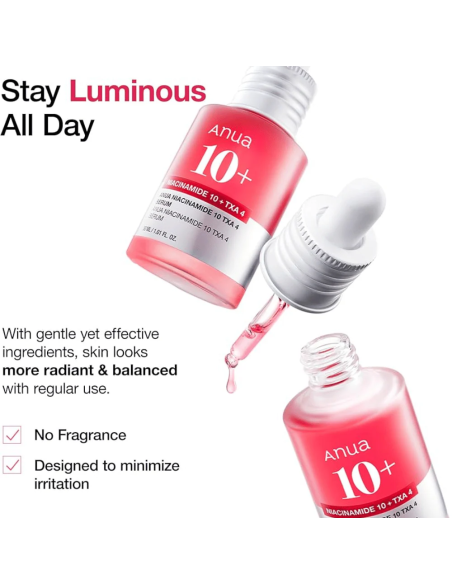 Anua Niacinamide 10% + TXA 4% serum med pipett och droppar som visar applicering och lystergivande effekt