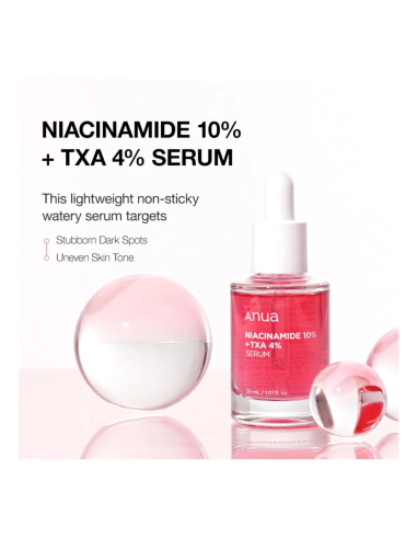 Anua Niacinamide 10% + TXA 4% serum flaska med text om att motverka pigmentering och ojämn hudton