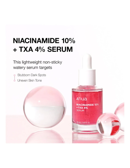 Anua Niacinamide 10% + TXA 4% serum flaska med text om att motverka pigmentering och ojämn hudton