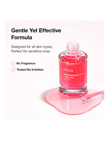 Anua Niacinamide 10% + TXA 4% serum flaska med spilld serumvätska som visar mild och effektiv formula
