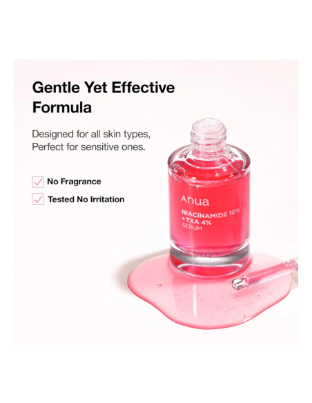 Anua Niacinamide 10% + TXA 4% serum flaska med spilld serumvätska som visar mild och effektiv formula