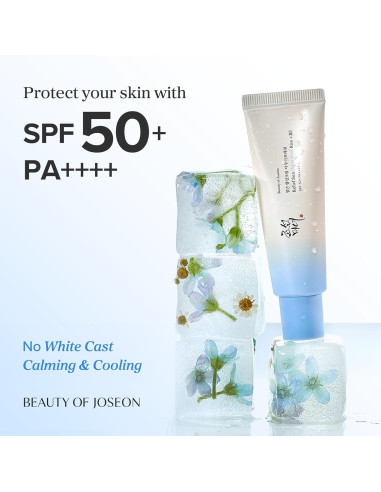 Beauty of Joseon Relief Sun Aqua Fresh Rice + B5 solkräm SPF50+ med is och blommor som visar kylande effekt