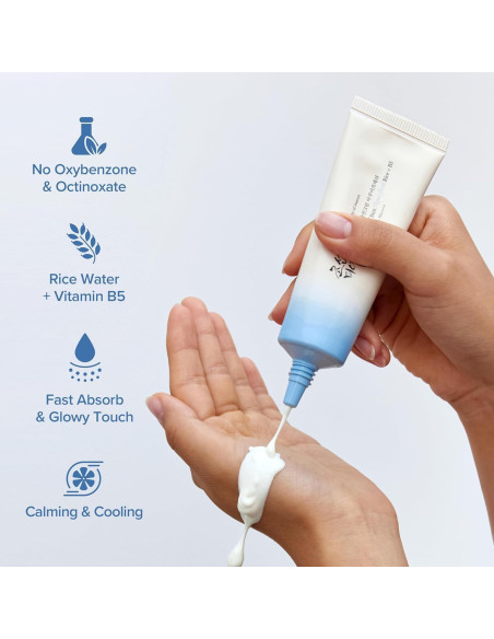 Beauty of Joseon Relief Sun Aqua Fresh Rice + B5 solkräm appliceras i hand med snabb absorption och glow