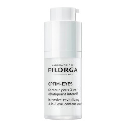 Filorga Optim-Eyes 15 ml ögonkräm i vit pumpflaska framifrån – effektiv mot mörka ringar hos Skinwell.se.