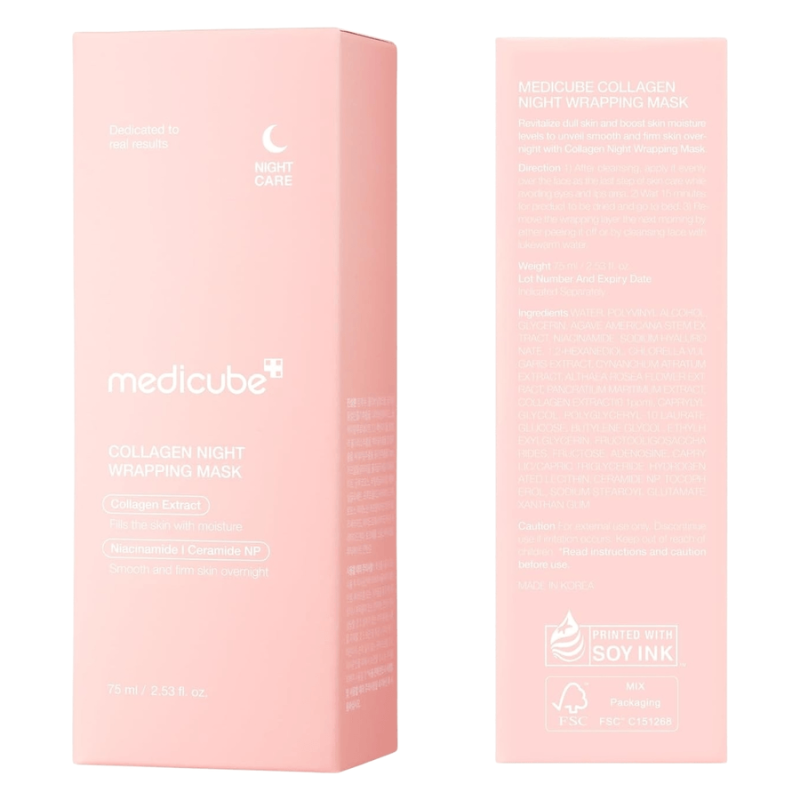 Medicube Collagen Night Wrapping Mask nattmask med produktförpackning och ingrediensinformation på kartong