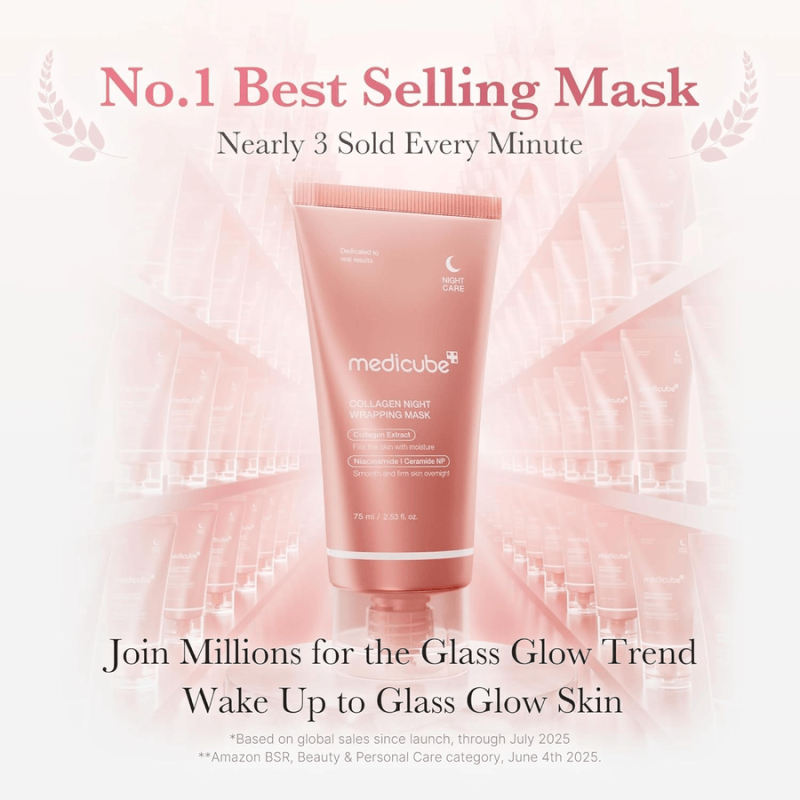 Medicube Collagen Night Wrapping Mask nattmask med marknadsbild och text om glow effekt och bästsäljare