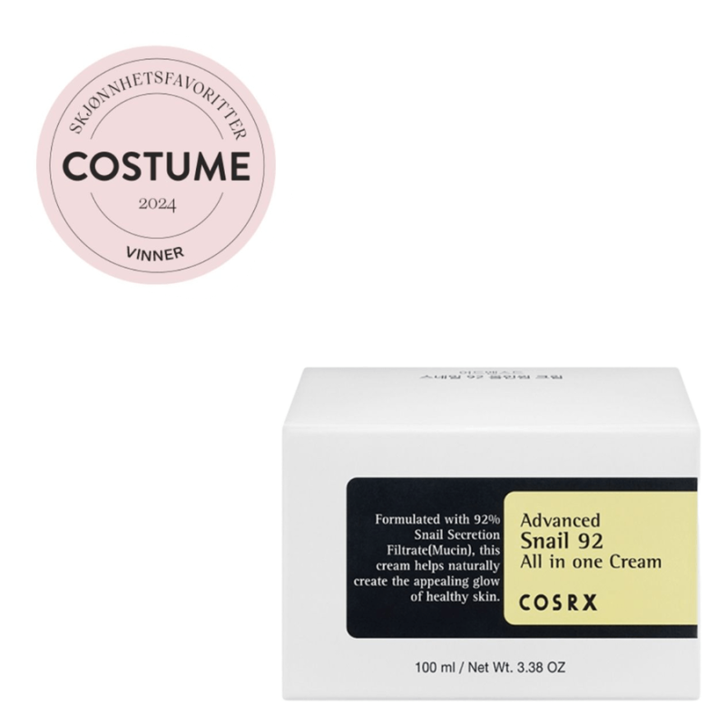 COSRX Advanced Snail 92 All In One Cream ansiktskräm med förpackning och utmärkelse från Costume 2024